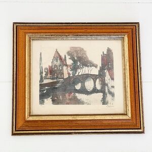 Vintage Belgian Artist Julien Celos Canal Scene Village Waterway